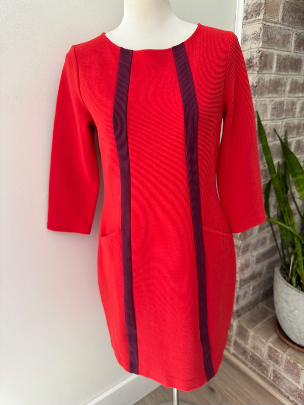 Boden Red Anita Shift Dress Purple Trim Pockets 3/4 Sleeve Size 8 Long tall